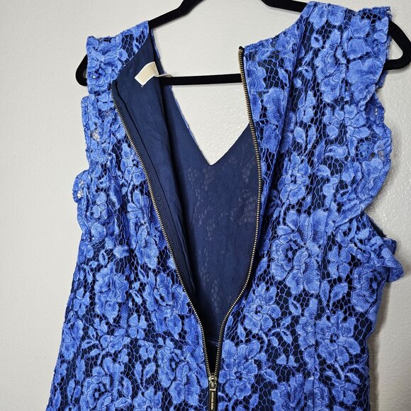 Michael Kors 12 Blue Cocktail Dress Floral Lace Overlay Office Ruffle Church - Picture 6 of 6